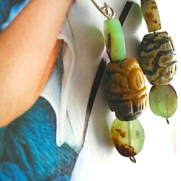Jade Dangle Earrings & CARVED Brazilian Agate EXOTIC 1.5" Drop Artsy Modern - Picture 6 of 10